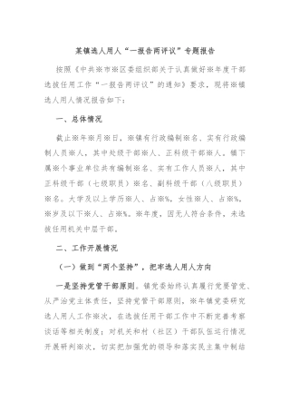 某镇选人用人“一报告两评议”专题报告