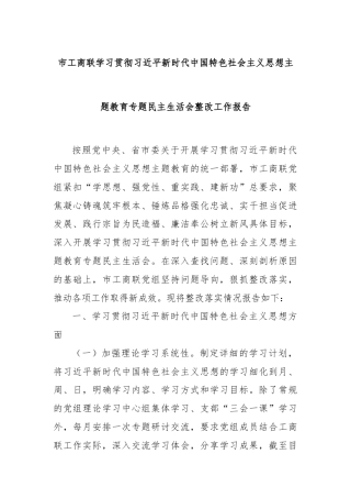 市工商联学习贯彻总书记新时代中国特色社会主义思想主题教育专题民主生活会整改工作报告