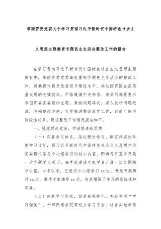 市国资委党委关于学习贯彻总书记新时代中国特色社会主义思想主题教育专题民主生活会整改工作的报告