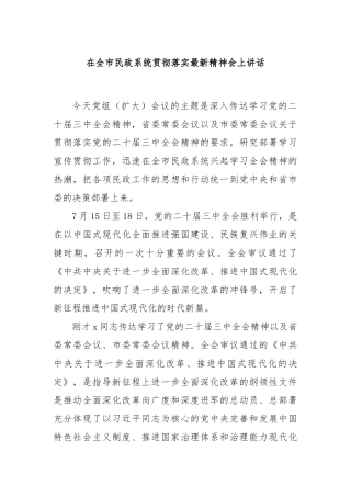 在全市民政系统贯彻落实最新精神会上讲话