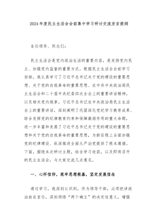 2024年度民主生活会会前集中学习研讨交流发言提纲