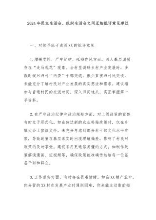 2024年民主生活会、组织生活会之间互相批评意见建议