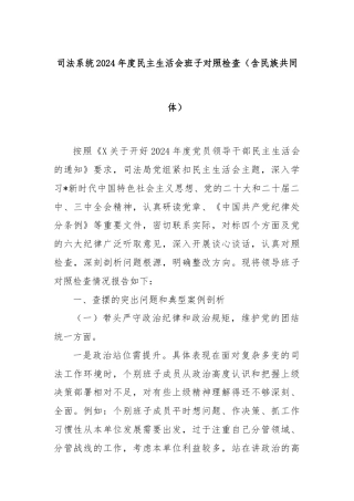 司法系统2024年度民主生活会班子对照检查（含民族共同体）