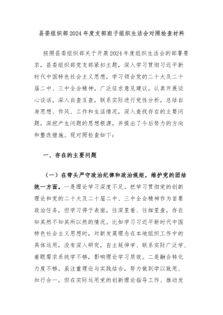 县委组织部2024年度支部班子组织生活会对照检查材料