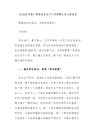 在2025年第一季度安全生产工作部署大会上的发言