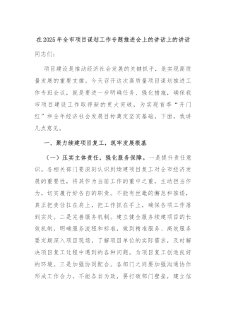 在2025年全市项目谋划工作专题推进会上的讲话上的讲话