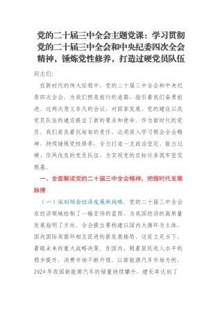 党的二十届三中全会主题党课：学习贯彻党的二十届三中全会和中央纪委四次全会精神，锤炼党性修养，打造过硬党员队伍