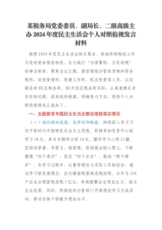 某税务局党委委员、副局长、二级高级主办2024年度民主生活会个人对照检视发言材料
