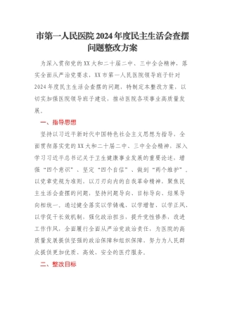市第一人民医院2024年度民主生活会查摆问题整改方案