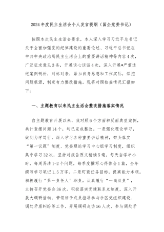 2024年度民主生活会个人发言提纲（国企党委书记）