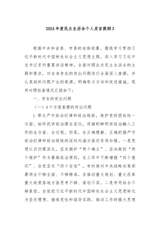 2024年度民主生活会个人发言提纲3