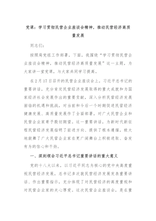 党课：学习贯彻民营企业座谈会精神，推动民营经济高质量发展