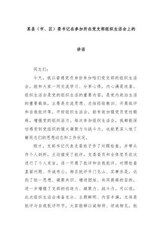 某县（市、区）委书记在参加所在党支部组织生活会上的讲话