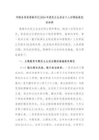 市税务局党委副书记2024年度民主生活会个人对照检视发言材料