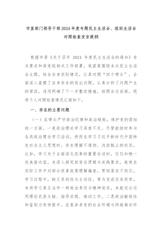 市直部门领导干部2024年度专题民主生活会、组织生活会对照检查发言提纲