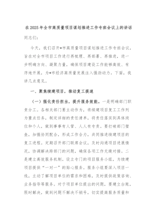 在2025年全市高质量项目谋划推进工作专班会议上的讲话