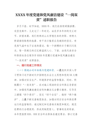 XXXX年度党建和党风廉洁建设“一岗双责”述职报告