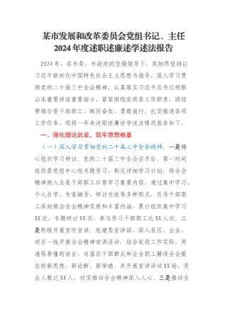 某市发展和改革委员会党组书记、主任2024年度述职述廉述学述法报告