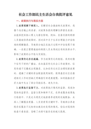 社会工作部民主生活会自我批评意见