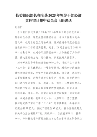 县委组织部长在全县2025年领导干部经济责任审计集中动员会上的讲话