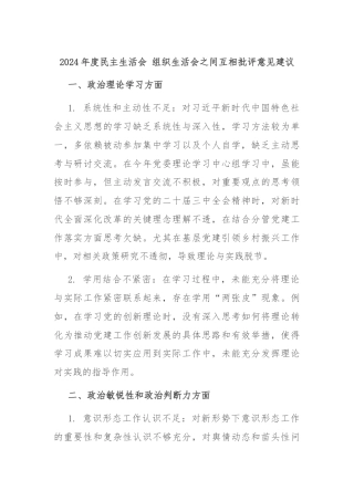 2024年度民主生活会 组织生活会之间互相批评意见建议