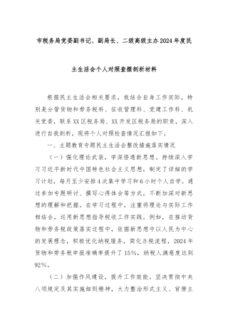 市税务局党委副书记、副局长、二级高级主办2024年度民主生活会个人对照查摆剖析材料