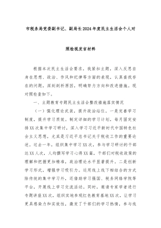 市税务局党委副书记、副局长2024年度民主生活会个人对照检视发言材料