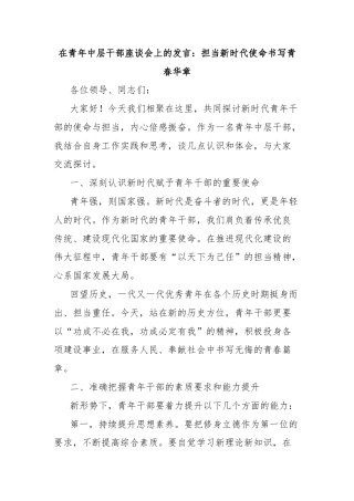 在青年中层干部座谈会上的发言：担当新时代使命书写青春华章