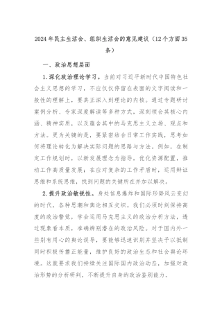 (12个方面35条)2024年民主生活会、组织生活会的意见建议
