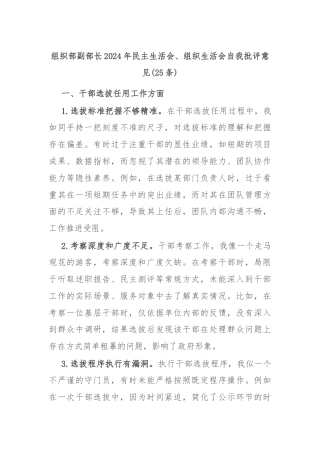 (25条)组织部副部长2024年民主生活会、组织生活会自我批评意见