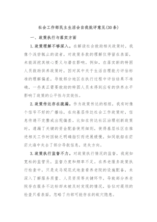 (30条)社会工作部民主生活会自我批评意见