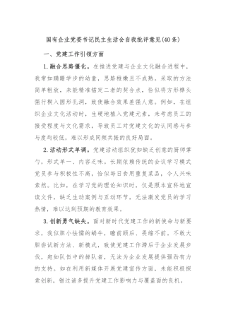 (40条)国有企业党委书记民主生活会自我批评意见
