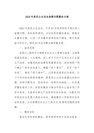 2024年度民主生活会查摆问题整改方案