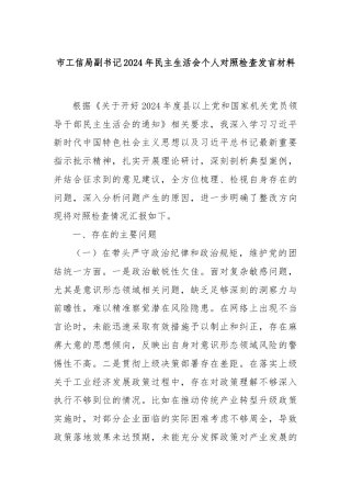 市工信局副书记2024年民主生活会个人对照检查发言材料