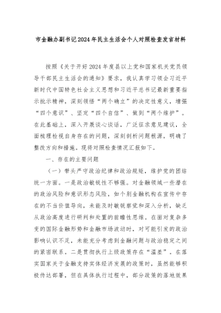 市金融办副书记2024年民主生活会个人对照检查发言材料