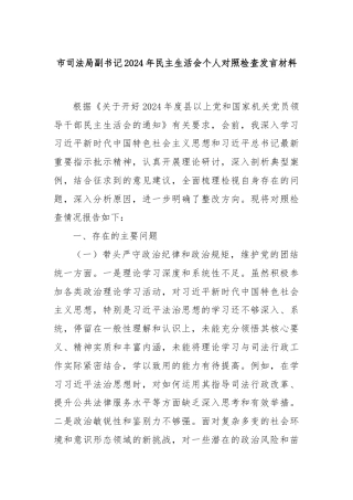 市司法局副书记2024年民主生活会个人对照检查发言材料