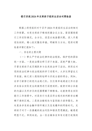 银行系统2024年支部班子组织生活会对照检查