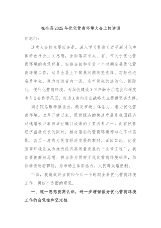 在全县2025年优化营商环境大会上的讲话