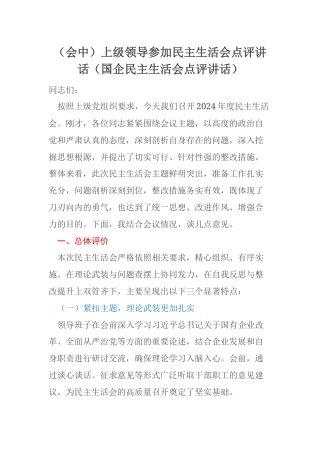 （会中）上级领导参加民主生活会点评讲话（国企民主生活会点评讲话）