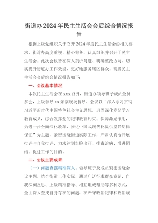 街道办2024年民主生活会会后综合情况报告