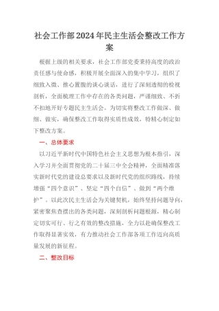 社会工作部2024年民主生活会整改工作方案