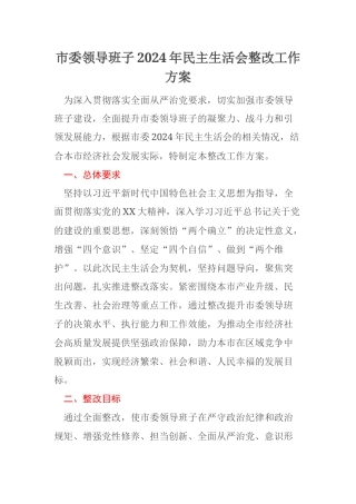 市委领导班子2024年民主生活会整改工作方案
