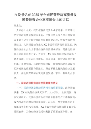 市委书记在2025年全市民营经济高质量发展暨民营企业家座谈会上的讲话