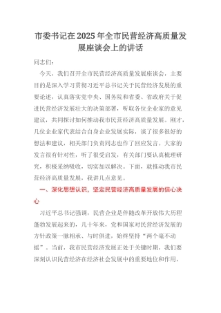 市委书记在2025年全市民营经济高质量发展座谈会上的讲话