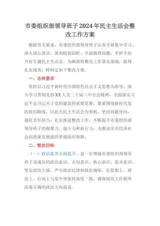 市委组织部领导班子2024年民主生活会整改工作方案