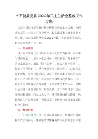 市卫健委党委2024年民主生活会整改工作方案