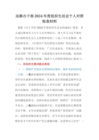 巡察办干部2024年度组织生活会个人对照检查材料