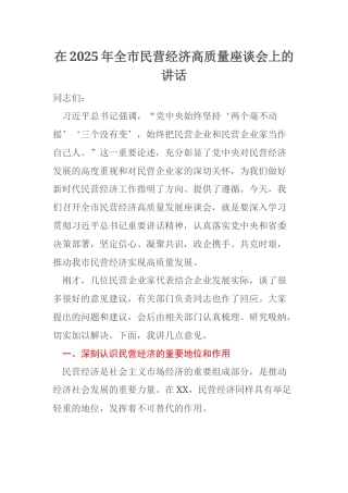 在2025年全市民营经济高质量座谈会上的讲话