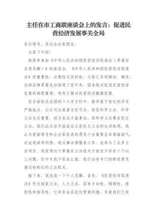 主任在市工商联座谈会上的发言：促进民营经济发展事关全局