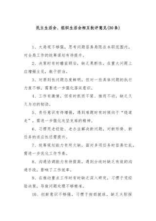 (30条)民主生活会、组织生活会相互批评意见